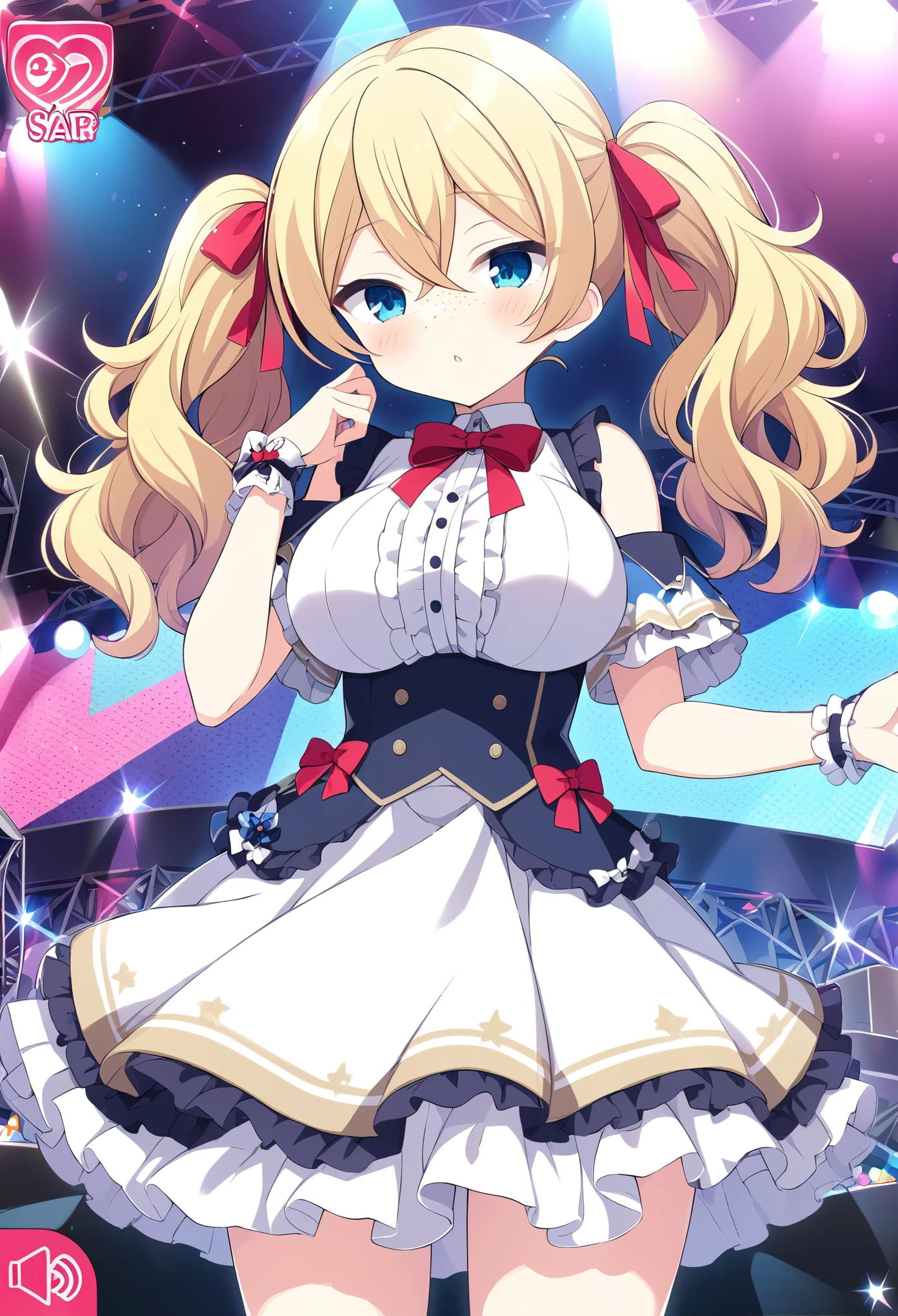 shiratorishiori, blonde hair, hair ribbon, red ribbon, twintails, wavy hair, hair between eyes, blue eyes, freckles,, large breasts, live stage, solo,