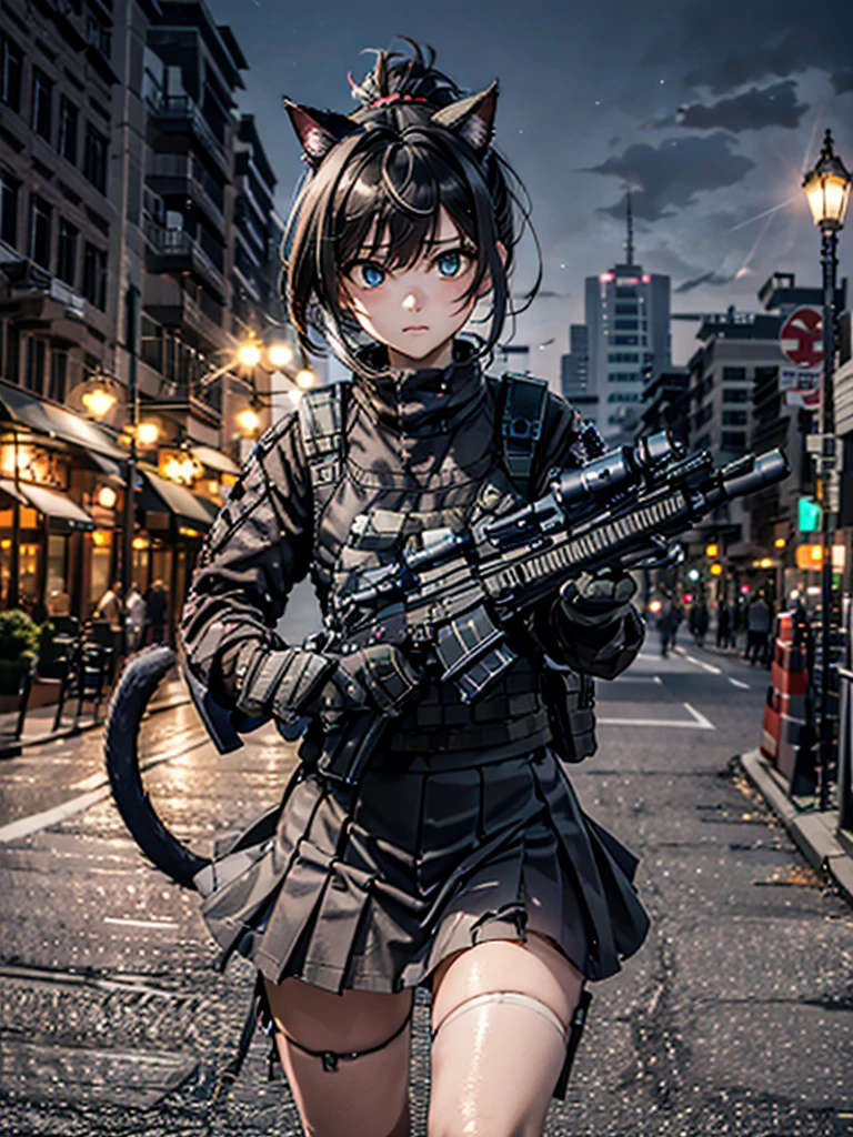 ((best quality)) , ((masterpiece)) , 1 female, Caucasian girl with assault rifle in a battle field, in casual clothes, kawaii, cute clothes, detailed face, holding gun, assault rifle, ((aiming gun at viewer)), depth of field, angry looking. purple hair, white hair, cat ears