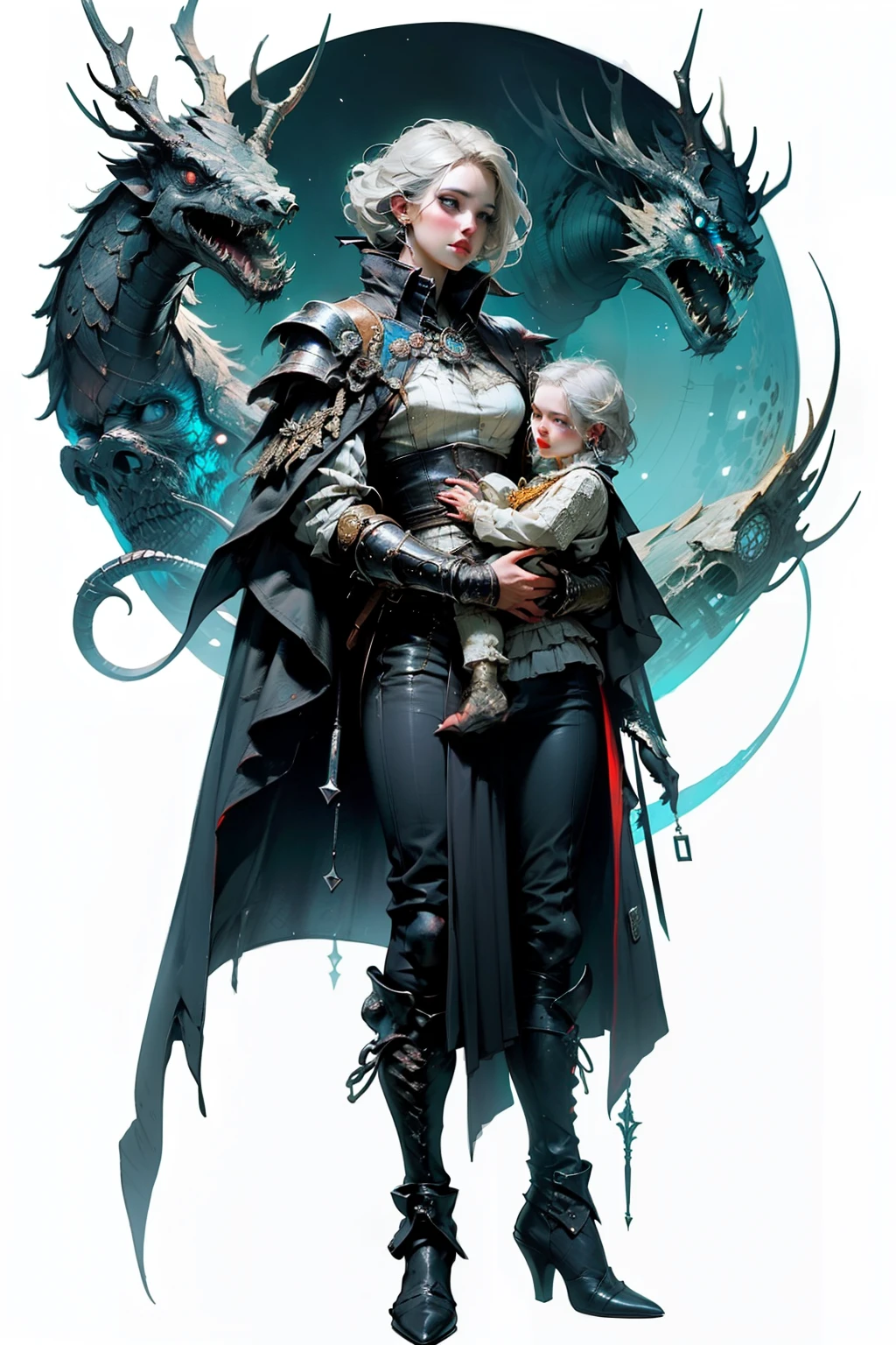 ((best quality)), ((masterpiece)), (detailed), perfect face, a mother cradling her child, a female knight, white background, plain background, Bloodborne inspired, Bloodborne attire, occult aesthetic, occult, red and white clothing detailed and intricate steampunk and detailed gothic, long coat, Complex laced boots, Silver hair swaying in the wind, white background, Very dramatic and cinematic lighting, full body, whole body, body, cosmic horror, grim dark, a mother cradling her , mother, , mother and , woman and
