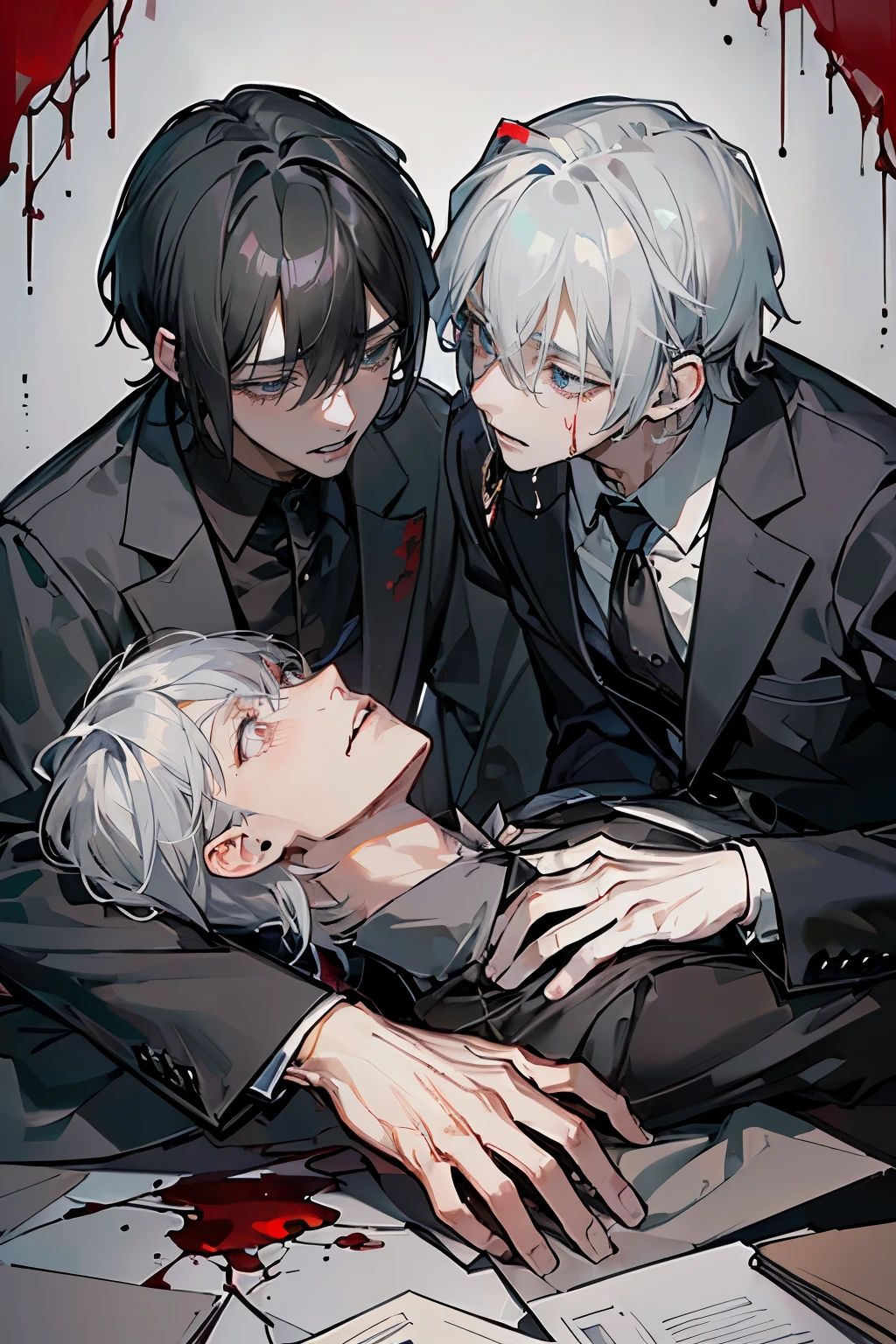 (Mastepiece), (Best Quality), Very detailed, ((Two Men:1.5)), Perfect Face, Beautiful Face, Very detailedな顔，(Black-haired man_blood is flowing from the mouth:1.3)，(Grey-haired man_Crying with a despairing face:1.3)