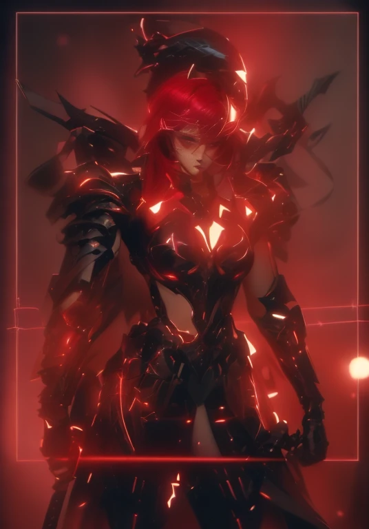 a ultra beautiful girl, with a (black techno fantasy armor) and a great sword in the back, cute, 12k, uhd, photorealistic, red decourations, (black short hairs), ((european race)), (ultra beautiful gorgeous realistic), naked belly and (naked arms)