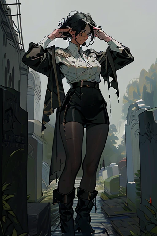 nsfw, (masterpiece), best quality, expressive eyes, perfect face, beautiful, Olga She Wolf of the SS, {{{masterpiece}}}, {{{best quality}}}, {{ultra-detailed}}, {illustration}, {{an extremely delicate and beautiful}},girl, 28yo,wet black military uniform,wet short boots,wet black military cap,(cemetery:1.7,)(((salute one hand:2.0, salute tombstone:2.0,)))((full body)), side shot,light leaks,fog,black long hair,shiny hair,wet hair,updo, (black tights), (hard rainy),standing, open stance, dappled light, nsfw, large breasts, cleavage (best quality), (masterpiece), (highres), original, extremely detailed 8K wallpaper, (an extremely delicate)