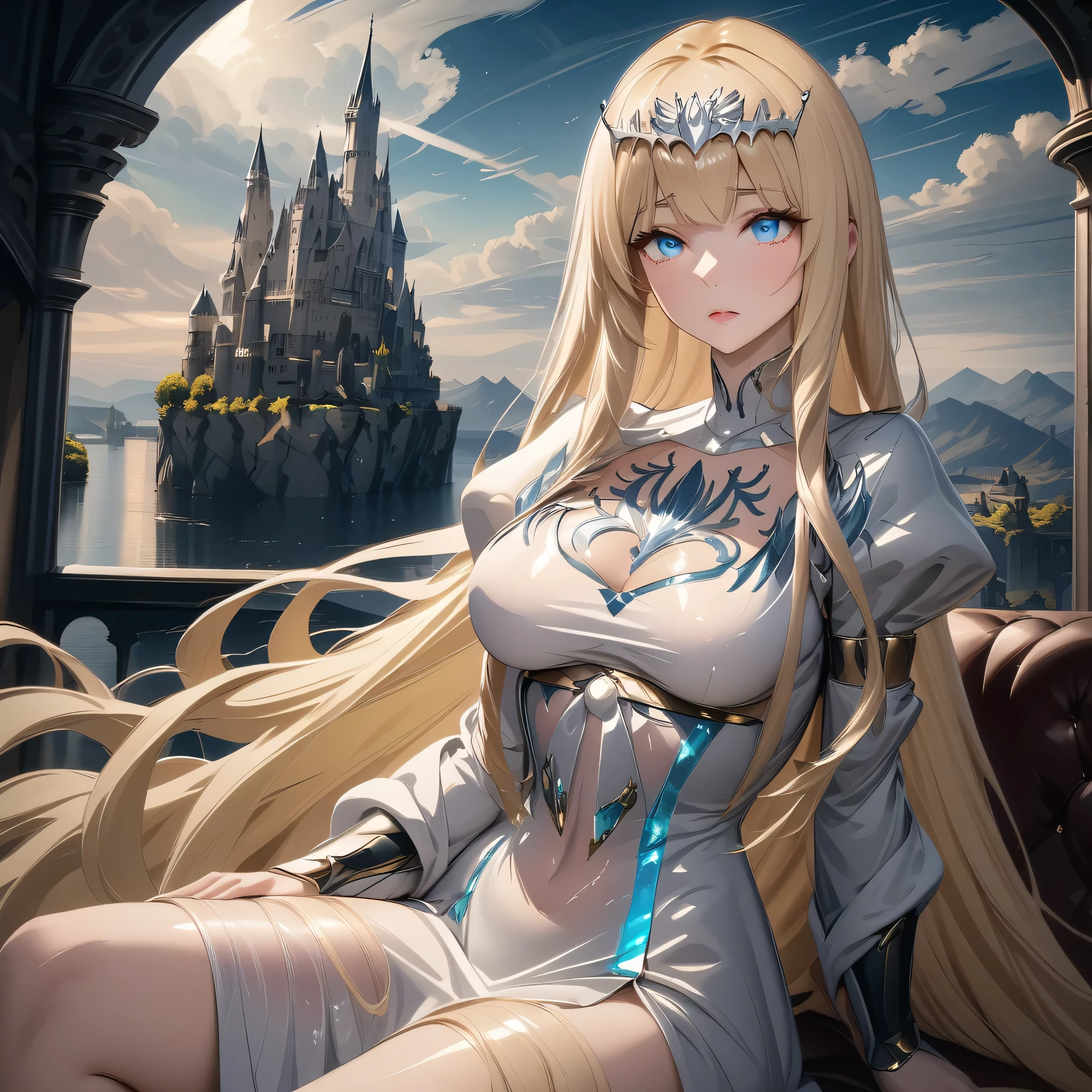hyper detailed render style, glow, yellow, blue, surreal oil painting, shiny eyes, exaggerated perspective, Tyndall effect,, a holographic white, beautiful background, 1girl, solo, Calca, Calca Bessarez, blonde hair, (extremely long hair:1.6), very long hair, white tiara, silver tiara, white dress, blue eyes, medium chest, short neck, castle background, in a luxurious room, sitting on the throne, medium-to-big breast, mature female, detailed face, close up