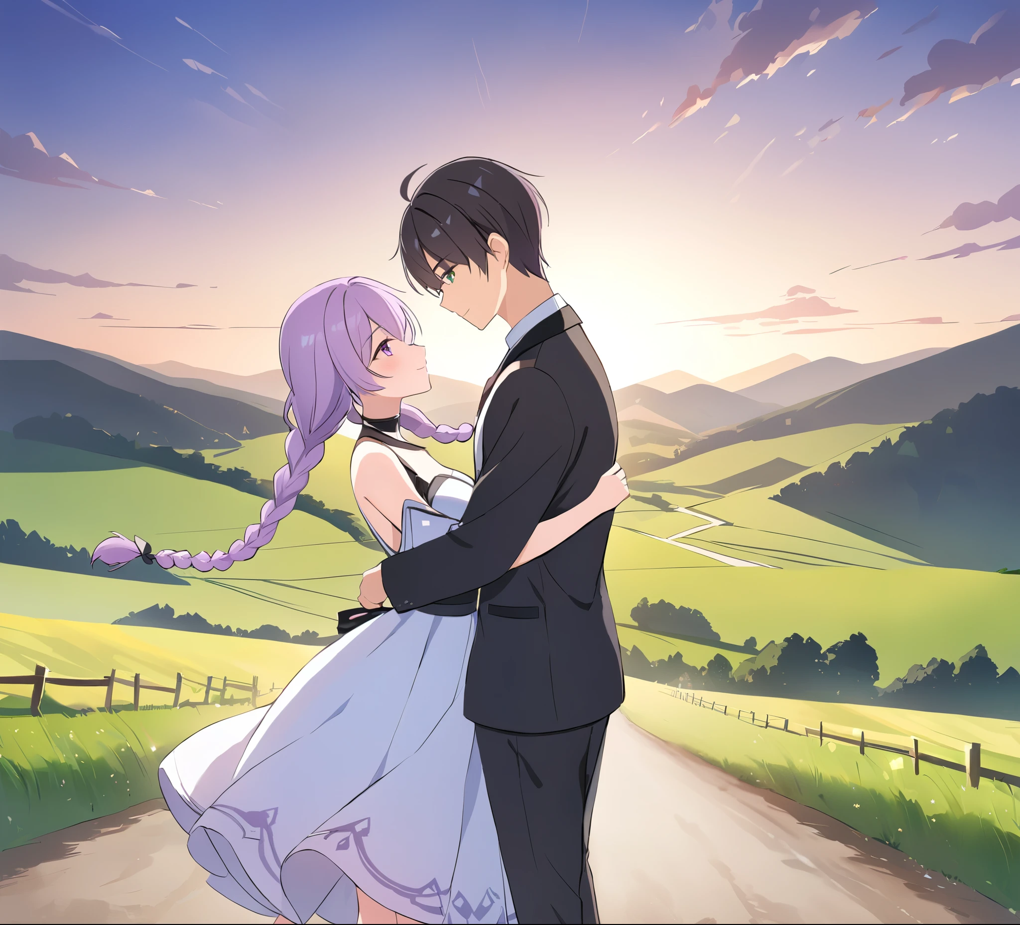 A couple(1 male, 1 woman with purple and white gradient double braids),Meet on a country road,Face to Face,Four eyes facing each other,Sunshine,The background is green fields and hills in the distance,Warmth,romantic,happiness