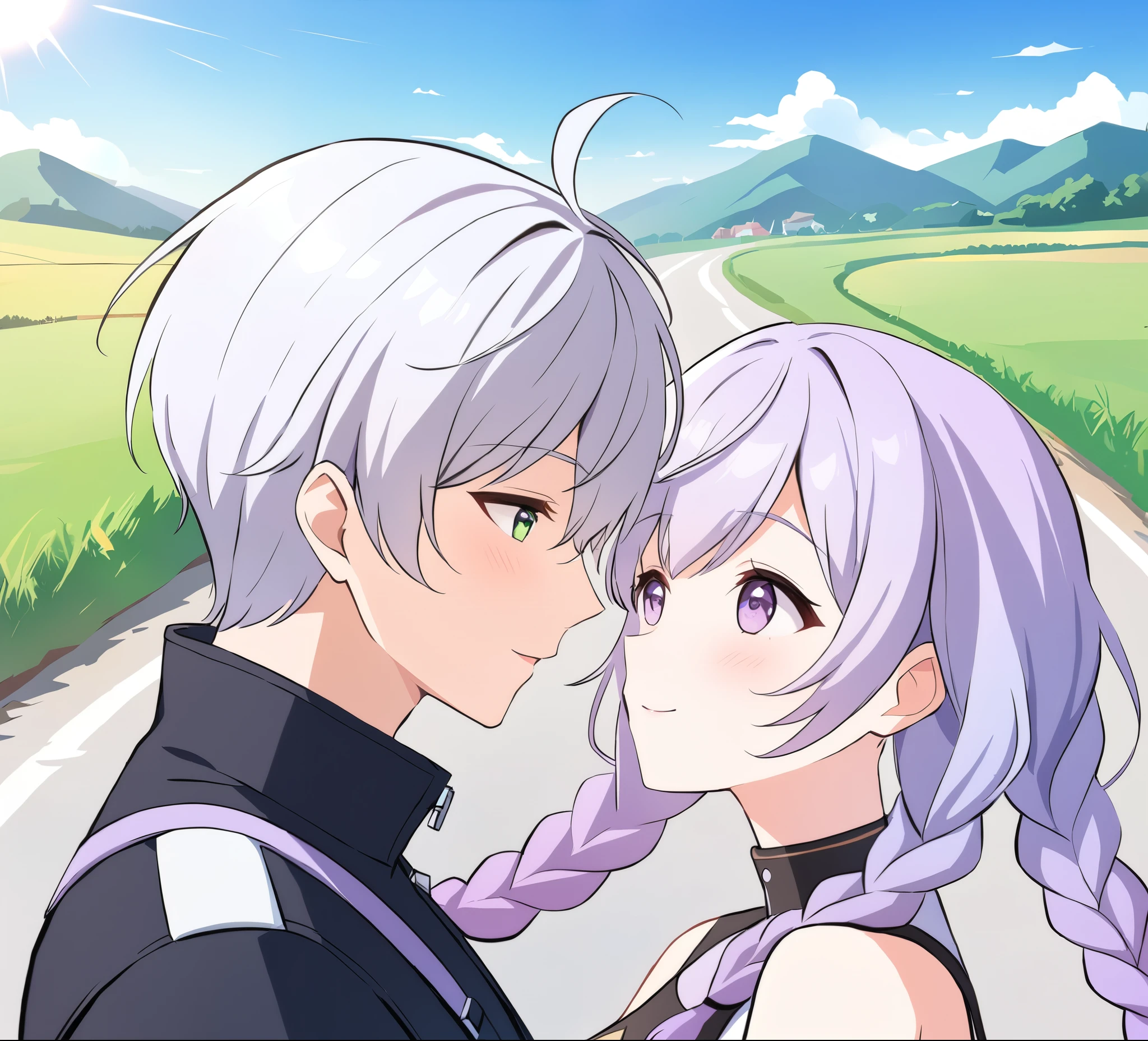 A couple(1 male, 1 woman with purple and white gradient double braids),Meet on a country road,Face to Face,Four eyes facing each other,Sunshine,The background is green fields and hills in the distance,Warmth,romantic,happiness