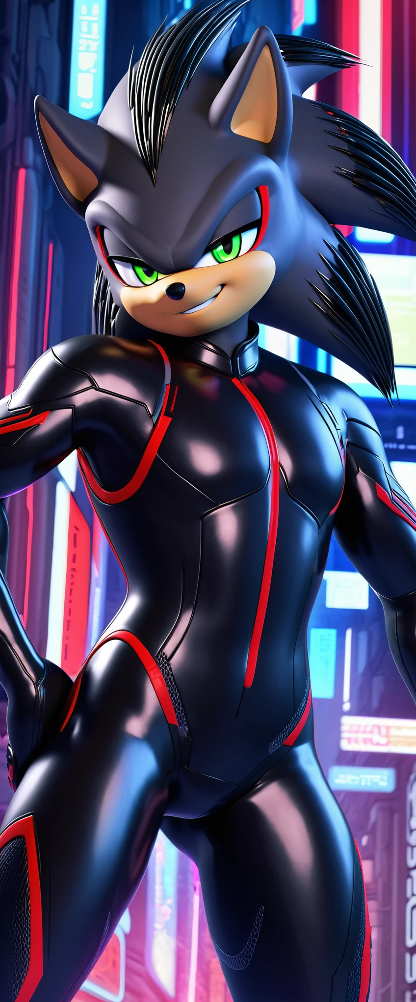 (((masterpiece:1.5, 4K, 8K))), a full body high quality digitally drawn rendered image ((by SEGA)) of A solo male tall anthro ((gunmetal grey hedgehog)), ((shadow the hedgehog style quills:0.9)) with glowing green eyes, (((tan muzzle))), wearing a (((sci-fi bodysuit))) stands in a neon-lit cyberpunk city The android's bodysuit is adorned with (((black coloring:1.5))) with (((crimson accents:1))), with intricate android seams, creating a futuristic look. the android has a seductive smirk on his face