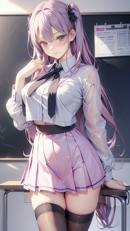 Royal sister，Purple gray long hair，Wet pink transparent school uniform，Wipe the blackboard in the classroom，Oversized breasts，Shiny brown stockings，A blushing face，Hold your chest straight and your hips up