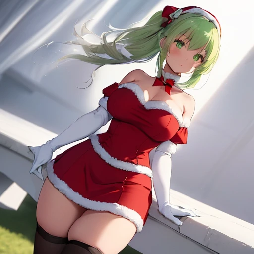(Girl), (anime),(Full body portrait),(solo portrait), (young), (pretty), (hot), (white), (height 1.72 cm), (long green hair and green eyes), (21 years old), (super body mature),(with gigantic breasts with a bust size of 350cm),(big ass),(wearing),+,(wearing a short, red dress, with a furry texture. - There are white details on the edges, reminiscent of Santa Claus style. - The top of the dresses is strapless, leaving the shoulders exposed. - The bust is well adjusted, accentuating the curves. - The skirt of the dresses is full and short, ending at the upper half of the thighs. - They are also wearing long black gloves that reach their elbows, complementing their Christmas attire With the short, tight skirt on the body and the dress hugging the body in a sensual way)