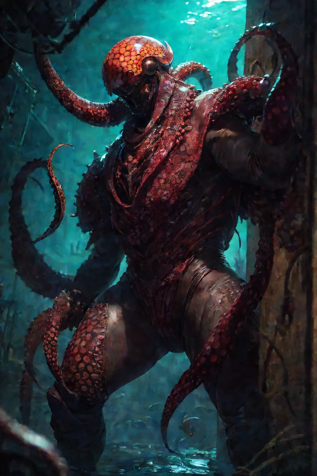 imagen futurista, plano general cuerpo entero, majicMIX horror model ,CeltPunkAI,BiopunkAI 2 , un hombre muy delgado ((solo)) Lleva una armadura plateada y un casco estampado. , Montando un pulpo gigante , Se ven sus piernas das en estribos unidos a un pulpo. , El pulpo se encuentra en toda su altura sobre el fondo del mar. , The octopus's tentacles are visible. , Luz delantera . ((obra maestra)), ((mejor calidad)), muy detallado,, V0id (obra maestra: 1.3), (mejor_calidad: 1.3), (ultra_detallado: 1.3), 8K, extremadamente_Por supuesto, Realismo, (ultrarrealista: 1.3), coloration, hermoso, Photorealistasc, realistas,HD,