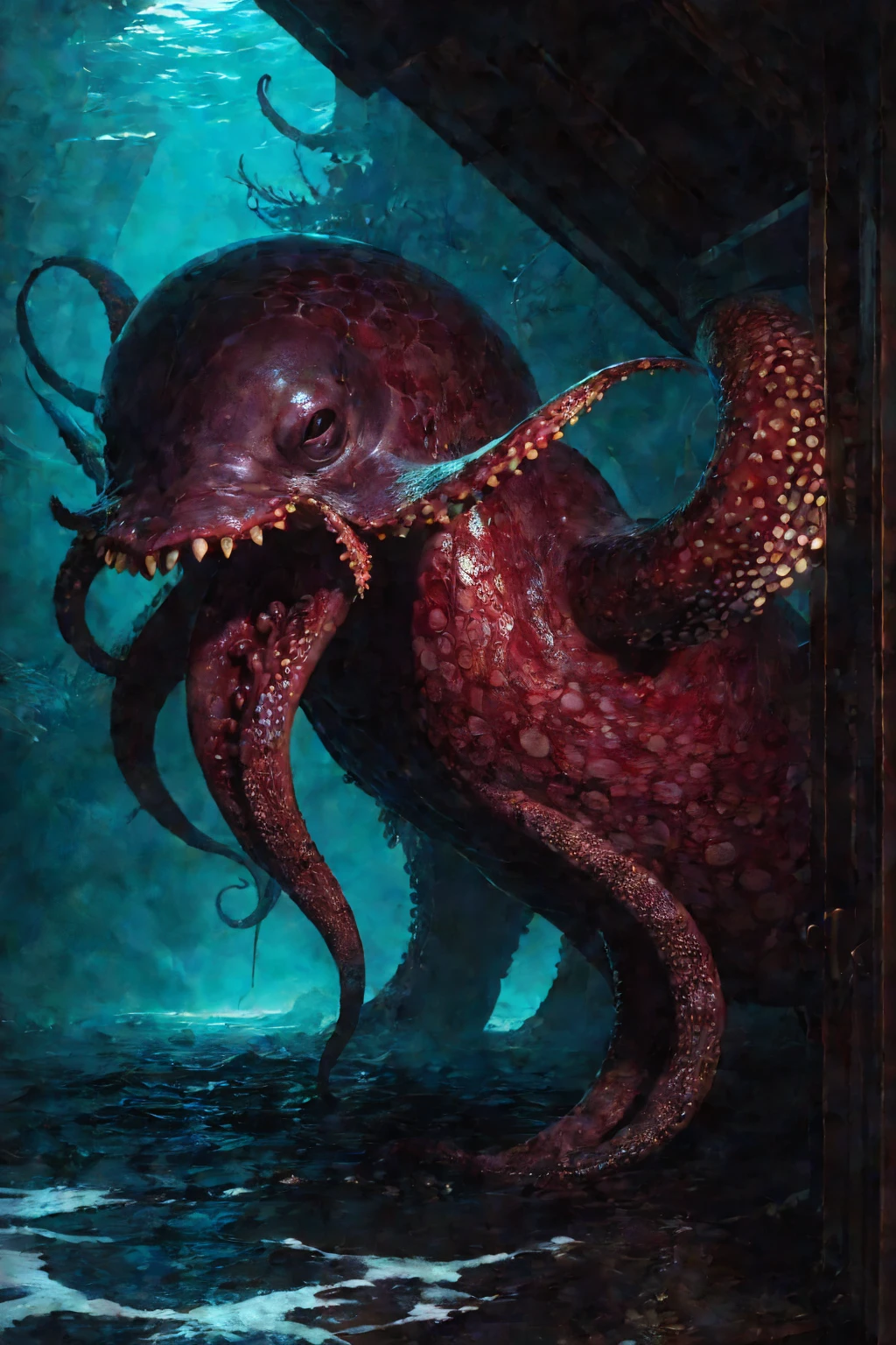 imagen futurista, plano general cuerpo entero, majicMIX horror model ,CeltPunkAI,BiopunkAI 2 , un hombre muy delgado ((solo)) Lleva una armadura plateada y un casco estampado. , Montando un pulpo gigante , Se ven sus piernas insertadas en estribos unidos a un pulpo. , El pulpo se encuentra en toda su altura sobre el fondo del mar. , The octopus's tentacles are visible. , Luz delantera . ((obra maestra)), ((mejor calidad)), muy detallado,, V0id (obra maestra: 1.3), (mejor_calidad: 1.3), (ultra_detallado: 1.3), 8K, extremadamente_Por supuesto, Realismo, (ultrarrealista: 1.3), coloration, hermoso, Photorealistasc, realistas,HD,