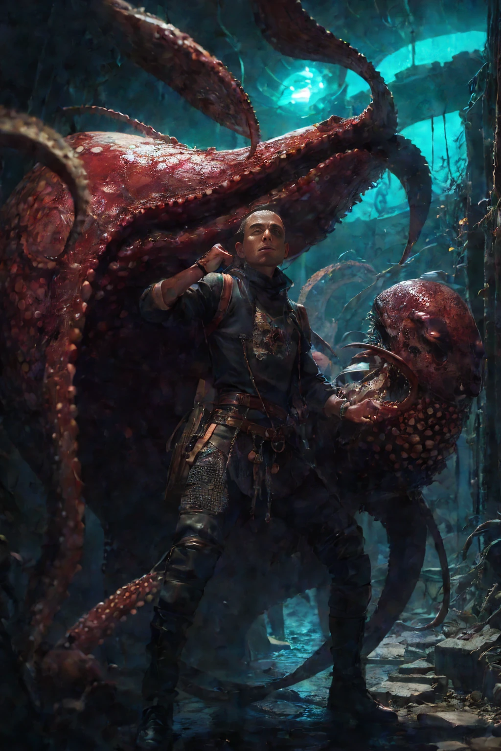 imagen futurista, plano general cuerpo entero, majicMIX horror model ,CeltPunkAI,BiopunkAI 2 , un hombre muy delgado ((solo)) Lleva una armadura plateada y un casco estampado. , Montando un pulpo gigante , Se ven sus piernas insertadas en estribos unidos a un pulpo. , El pulpo se encuentra en toda su altura sobre el fondo del mar. , The octopus's tentacles are visible. , Luz delantera . ((obra maestra)), ((mejor calidad)), muy detallado,, V0id (obra maestra: 1.3), (mejor_calidad: 1.3), (ultra_detallado: 1.3), 8K, extremadamente_Por supuesto, Realismo, (ultrarrealista: 1.3), coloration, hermoso, Photorealistasc, realistas,HD,