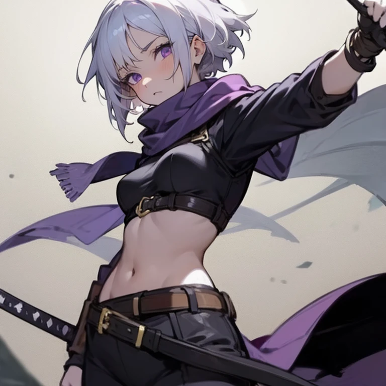 Masterpiece, best quality, expressive eyes, perfect face, 1girl, weapon, sword, solo, purple eyes, holding, navel, belt, tattoo, holding weapon, holding sword, sheath, short hair, breasts, white hair, scarf, looking at viewer