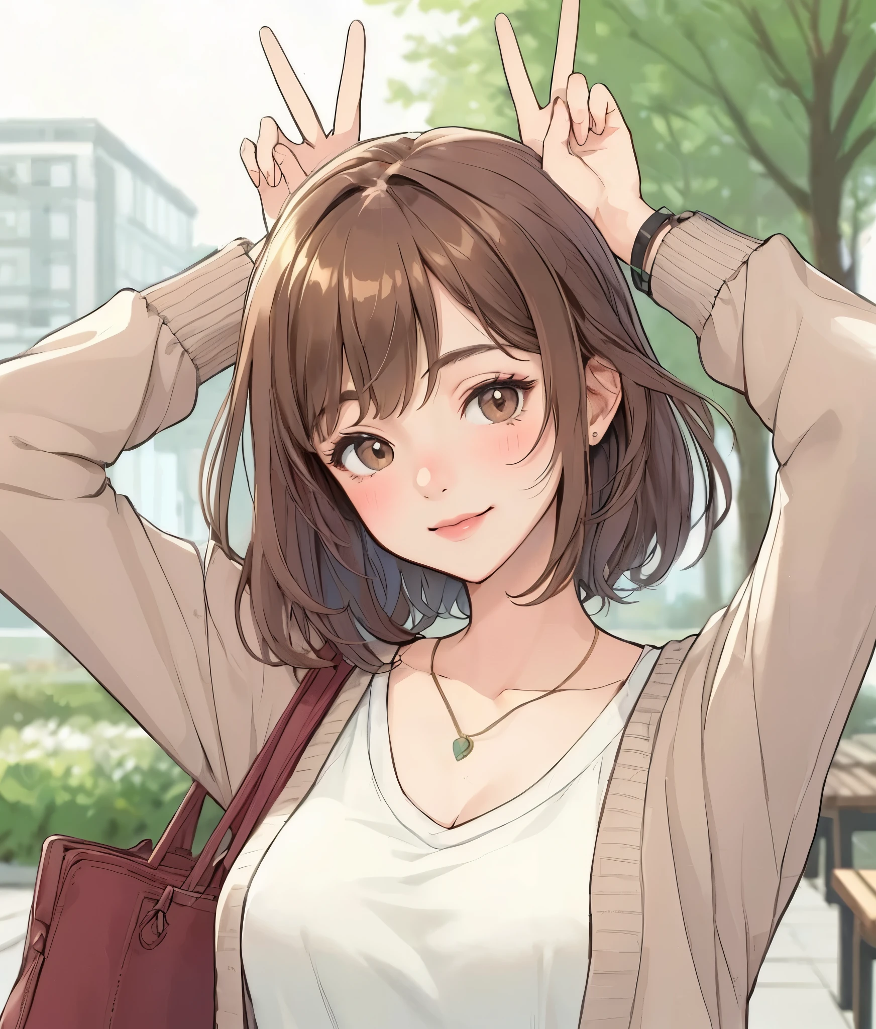 1lady solo, (placing hands above head), (gesture of rabbit ears), (peace sign), stylish outfit (calm attire), mature female, /(light brown hair/) bangs, blush kind smile, (looking at viewers), (masterpiece best quality:1.2) delicate illustration ultra-detailed, large breasts, holding casual bag BREAK (ordinary urban park) outdoors, noon, trees