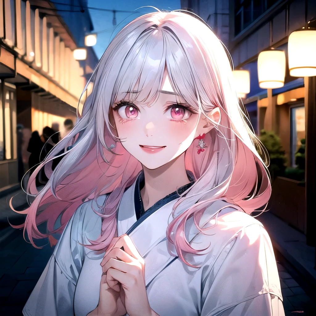 ((best quality)), ((masterpiece)), (detailed), perfect face. Asian girl. White hair. Pink eyes. Inner pink hair. Glowing eyes. Crying. Smile. Look behind. White clothes. Street.