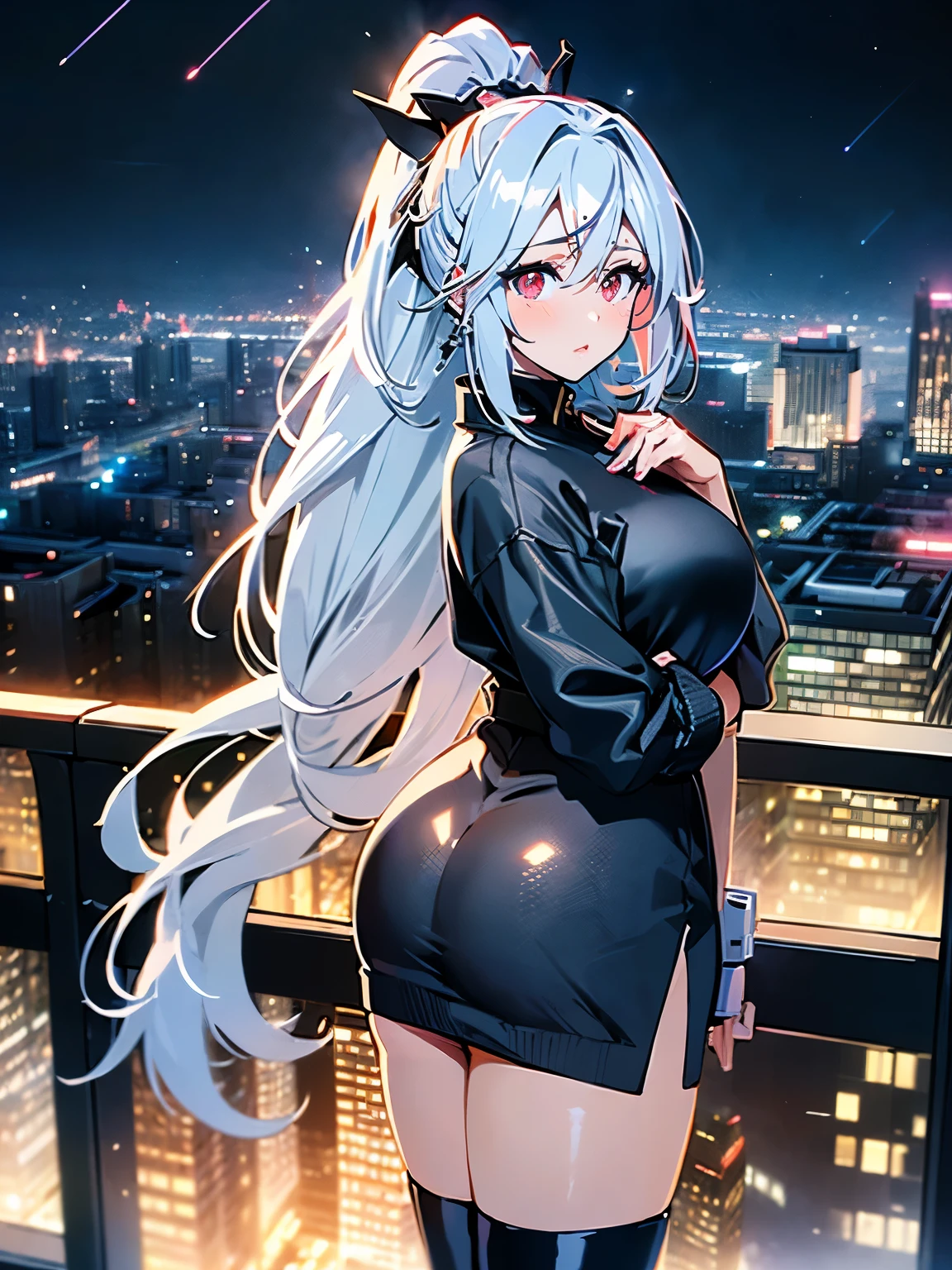 anime, (artwork, best quality, ultra-detailed, high contrast), 1 woman (Alone, full body, plus size body, standing on the edge of the skyscraper, silver hair, LONG In a ponytail, red eyes (detailed eyes), passionate expression, red lips (perfect lips), ruby sparkles, (simple black qipao), high heel boots neon pink), transparent black socks), (skyscraper roof, overlooking a city, detailed background ((night time, Darkness, low light pollution))) face in close