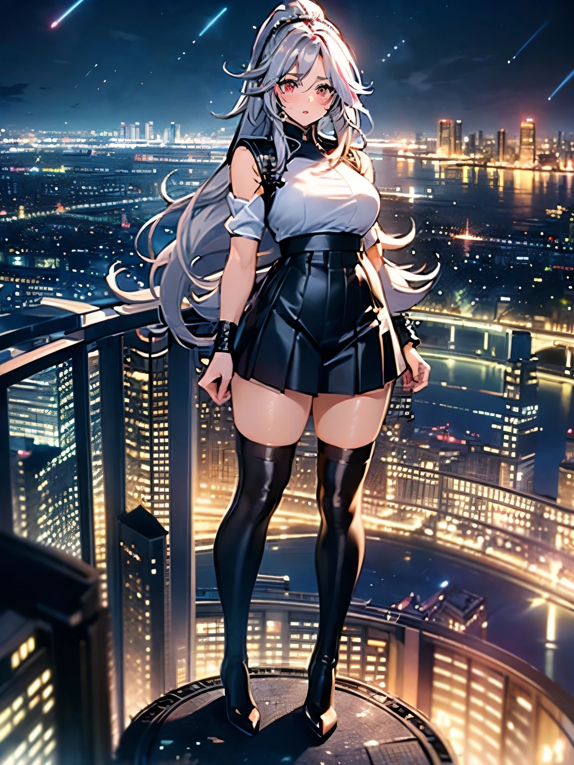 masterpiece, best quality, 1girl, grey hair, shoulder length hair, wavy hair, black hairband, auburn eyes, beautiful detailed eyes, beautiful detailed face, cute face, stoic, professional, ninja, black leotard, black tactical gloves, bare legs, gold bracelets, black thigh-high boots, cityscape, night, noir atmosphere. (back view, rear view), spins in place like a (tornado), spins like a tornado, (she spins) at an incredible speed, creating a whirlwind of air around her, spiral lines around, cyclone winds around, tornado spinning.