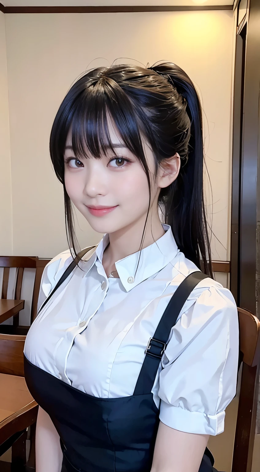 (highest quality,masterpiece:1.3,Ultra-high resolution,),(Very detailed,Caustics),(Photorealistic:1.4,RAW shooting,)Ultra-Realistic Capture,Very detailed,High resolution 16K human skin closeup。 Natural skin texture、,Pores、、、、It must be detailed enough to be easily identifiable。 Skin tone is even and healthy looking。 Use natural light and color,restaurant,Waitress Uniform,1 girl,Japanese,18-year-old,cute,Black-haired,ponytail,Big Breasts,smile,Turn your body forward,(Front view:1.1),Looking at the camera,Cowboy Shot,