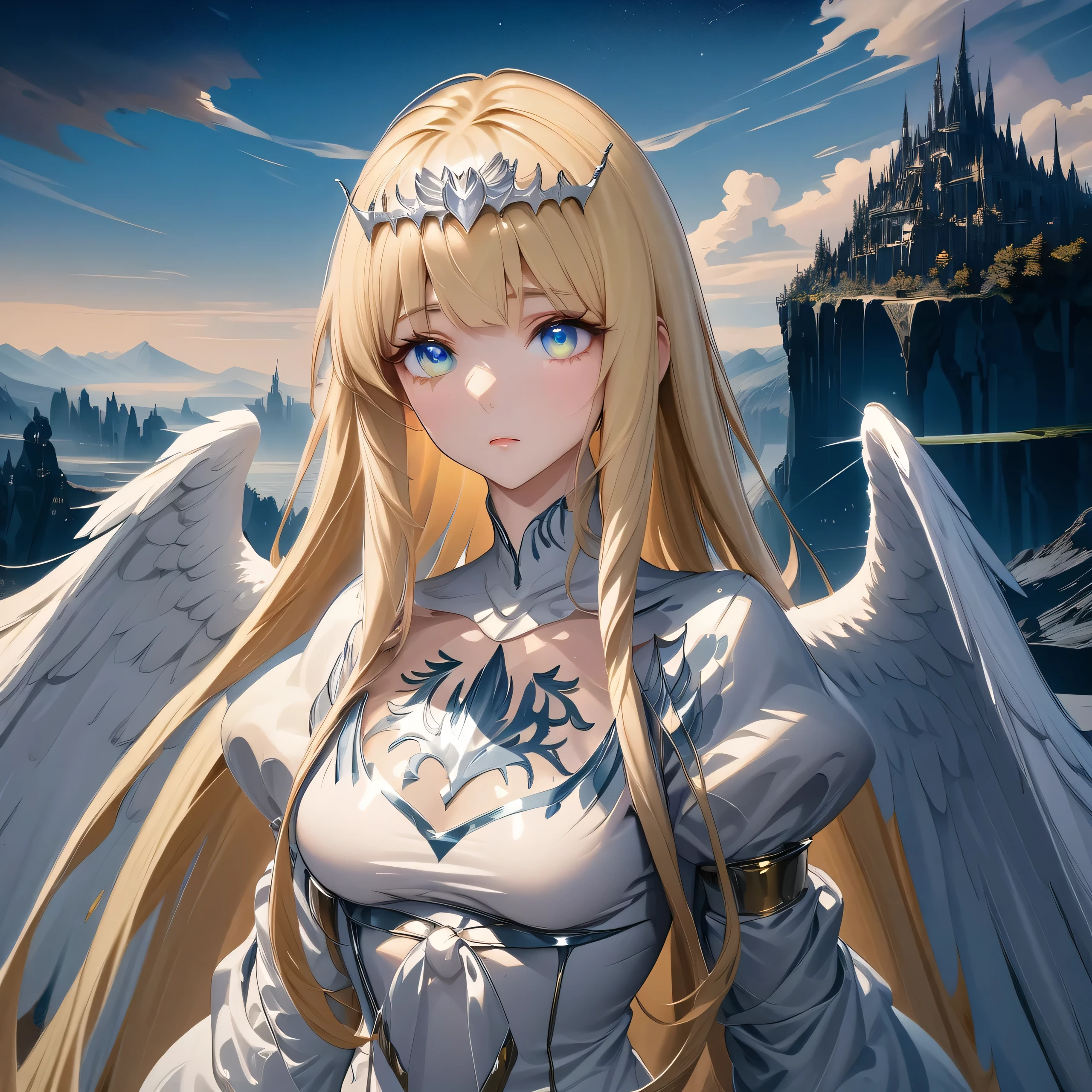 ,hyper detailed render style,glow,yellow,blue,brush,surreal oil painting,shiny eyes,head closeup, exaggerated perspective,tyndall effect,, holographic white, beautiful background, 1angel, solo, Calca, Calca Bessarez, blonde hair, extremely long hair, very long hair, white tiara, silver tiara, white dress, blue eyes, medium chest, very short neck, extremely short neck, beautiful scenery, day time, heaven background, feature big wings, large white wings, gigantic wings