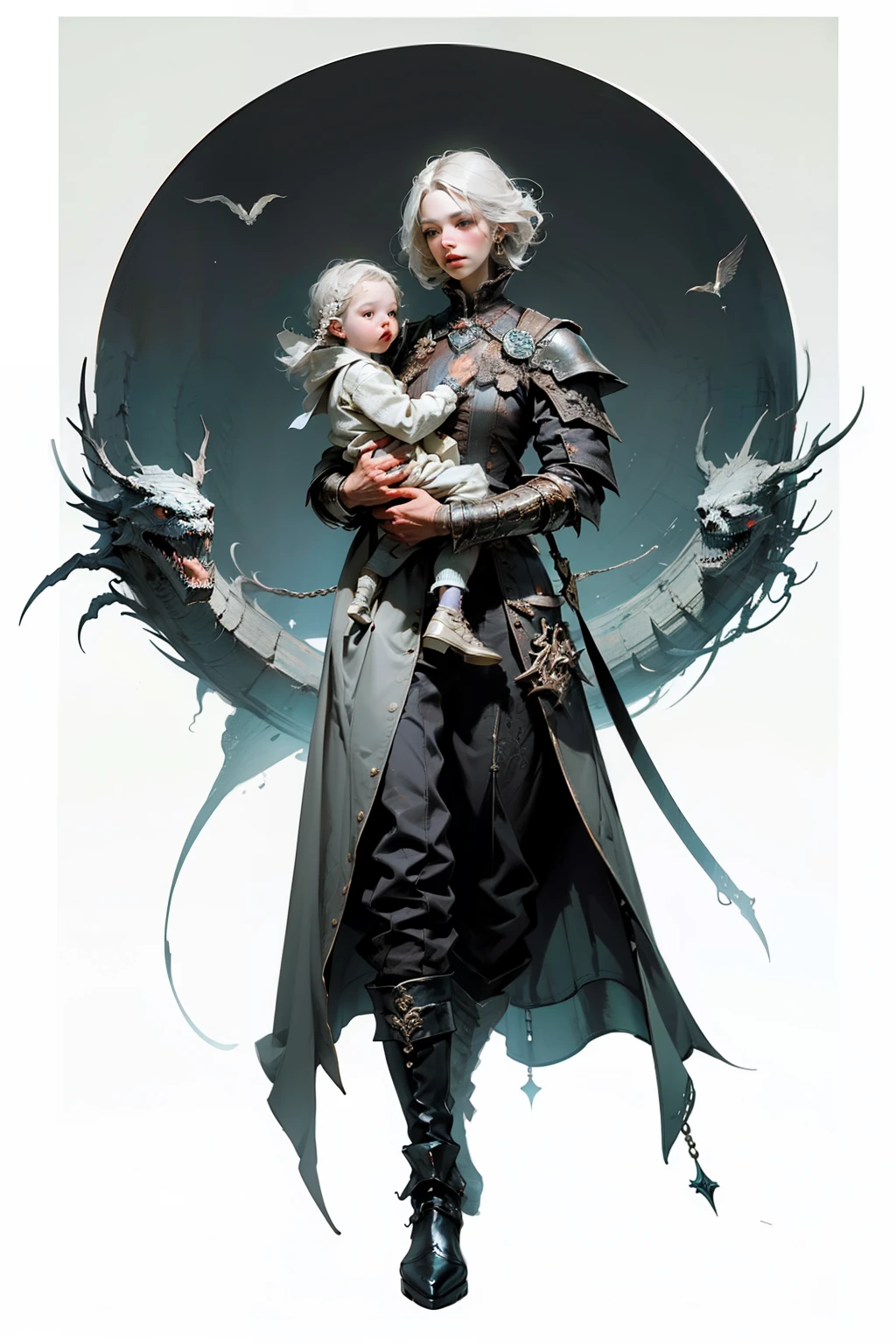 ((best quality)), ((masterpiece)), (detailed), perfect face, a mother cradling her , a knight, white background, plain background, Bloodborne inspired, Bloodborne attire, occult aesthetic, occult, red and white clothing detailed and intricate steampunk and detailed gothic, long coat, Complex laced boots, Silver hair swaying in the wind, white background, Very dramatic and cinematic lighting, full body, whole body, body, cosmic horror, grim dark, a mother cradling her , mother, , mother