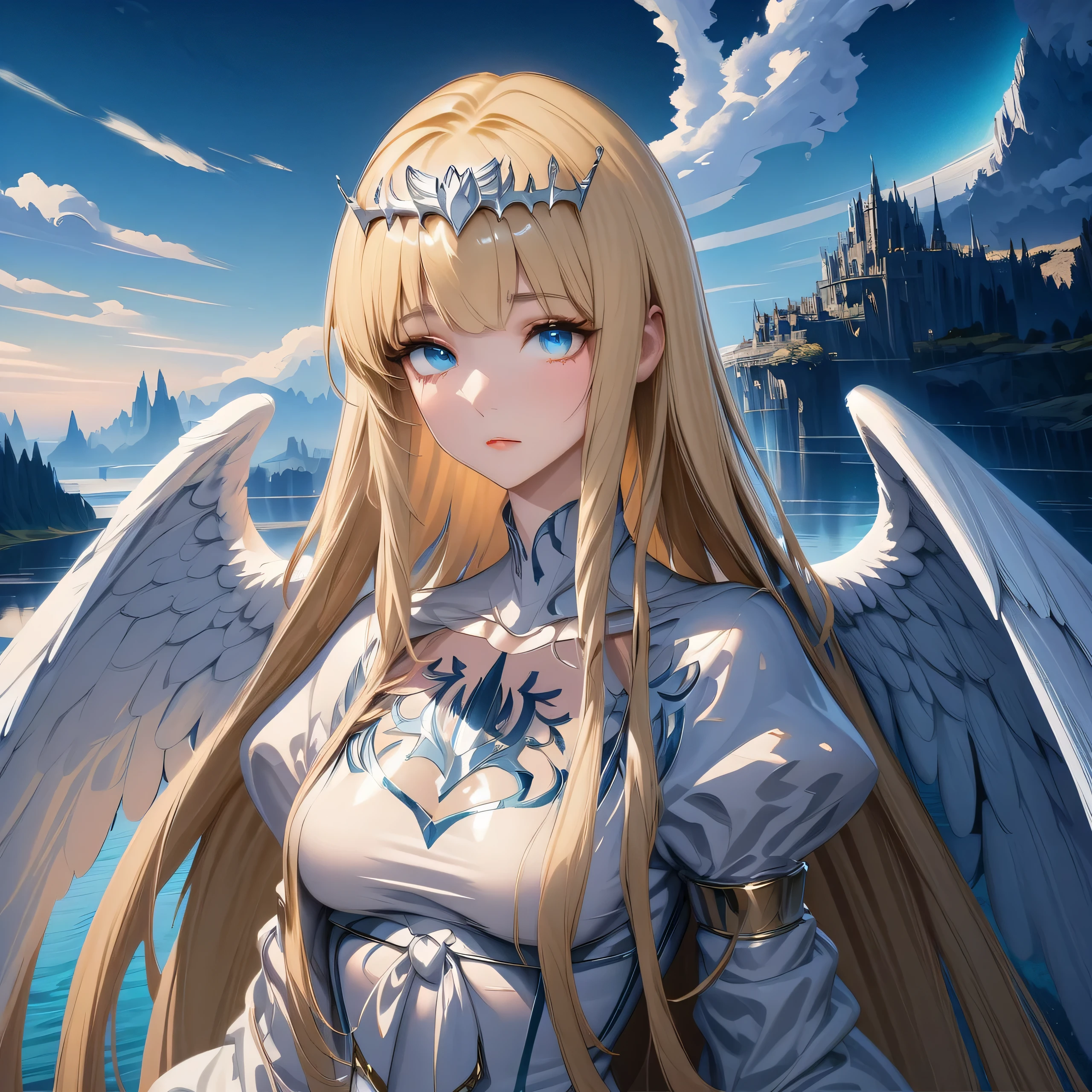 ,hyper detailed render style,glow,yellow,blue,brush,surreal oil painting,shiny eyes,head closeup, exaggerated perspective,tyndall effect,, holographic white, beautiful background, 1angel, solo, Calca, Calca Bessarez, blonde hair, extremely long hair, very long hair, white tiara, silver tiara, white dress, blue eyes, medium chest, very short neck, extremely short neck, beautiful scenery, day time, heaven background, feature big wings, large white wings, gigantic wings