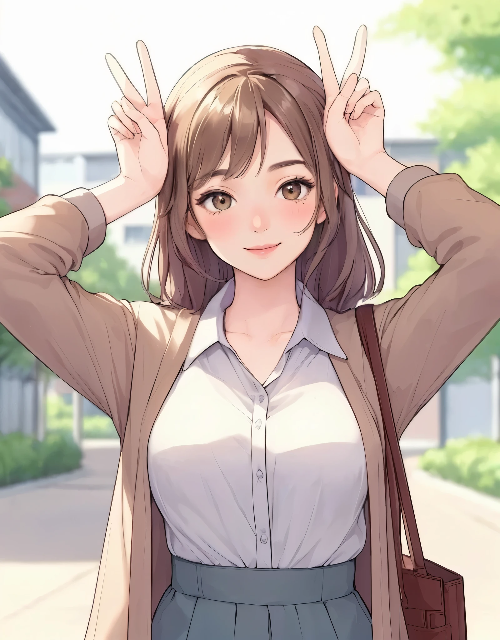 1lady solo, (placing hands above head), (gesture of rabbit ears), (peace sign), stylish outfit (calm attire), mature female, /(beige brown hair/) bangs, blush kind smile, (looking at viewers), (masterpiece best quality:1.2) delicate illustration ultra-detailed, large breasts, holding casual bag BREAK (ordinary urban park) outdoors, noon, trees