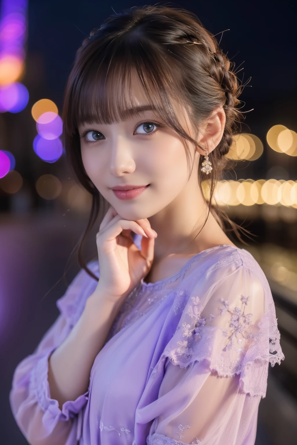 1 girl,(Wearing a lilac blouse:1.2),(Raw photo, highest quality), (realistic, Photoreal:1.4), table top, Very delicate and beautiful, very detailed, 2k wallpaper, wonderful, In detail, Very detailed CG Unity 8K wallpaper, very detailed, High resolution, soft light, Beautiful detailed girl, very detailed目と顔, beautifully detailed nose, detailed and beautiful eyes,Cinematic lighting,night city lights,perfect anatomy,Slender body,smile