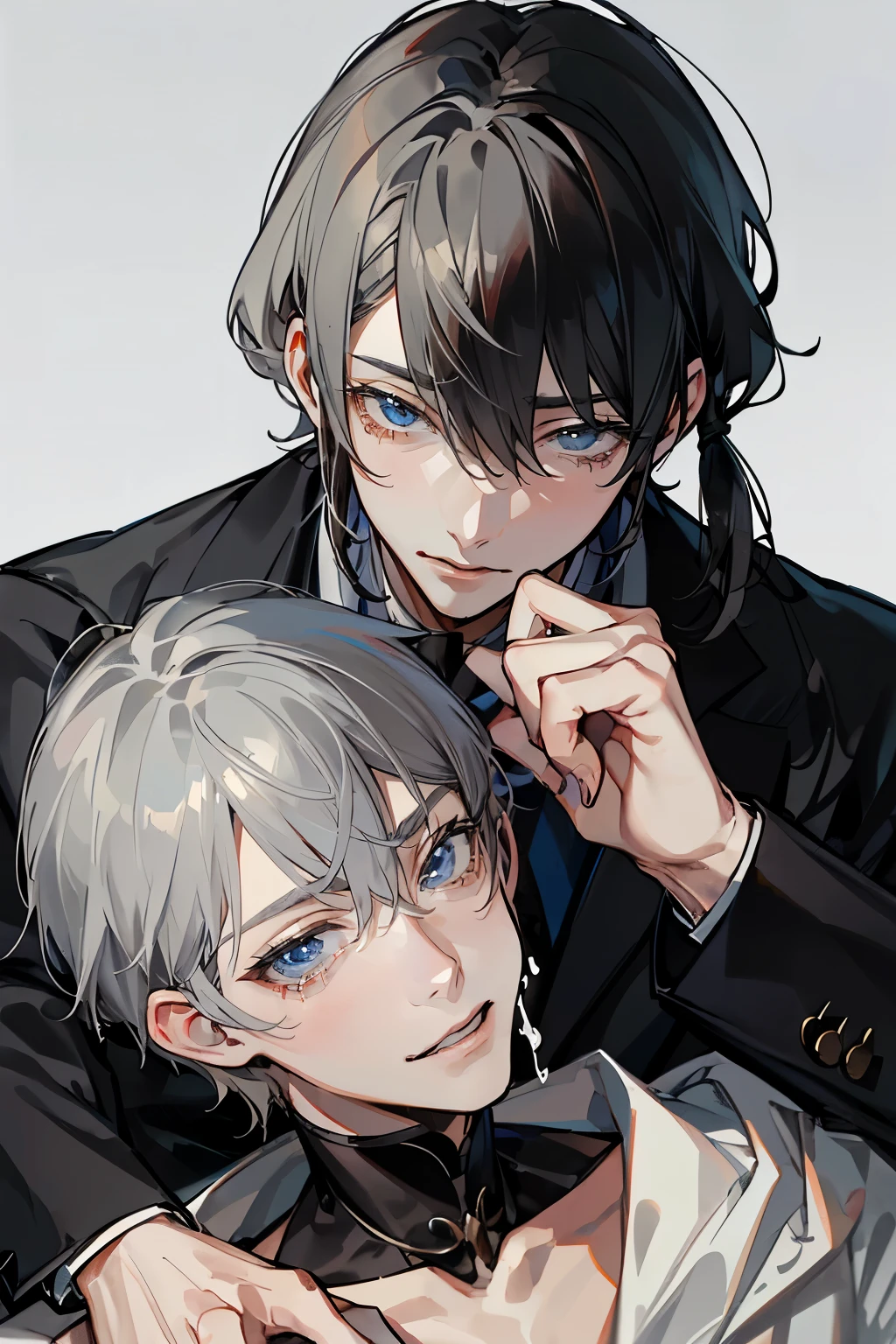 (Mastepiece), (Best Quality), Very detailed, ((Two Men:1.5)), Perfect Face, Beautiful Face, Very detailedな顔,(Black-haired man:1.3),(Grey-haired man:1.3)、Blood、Are crying