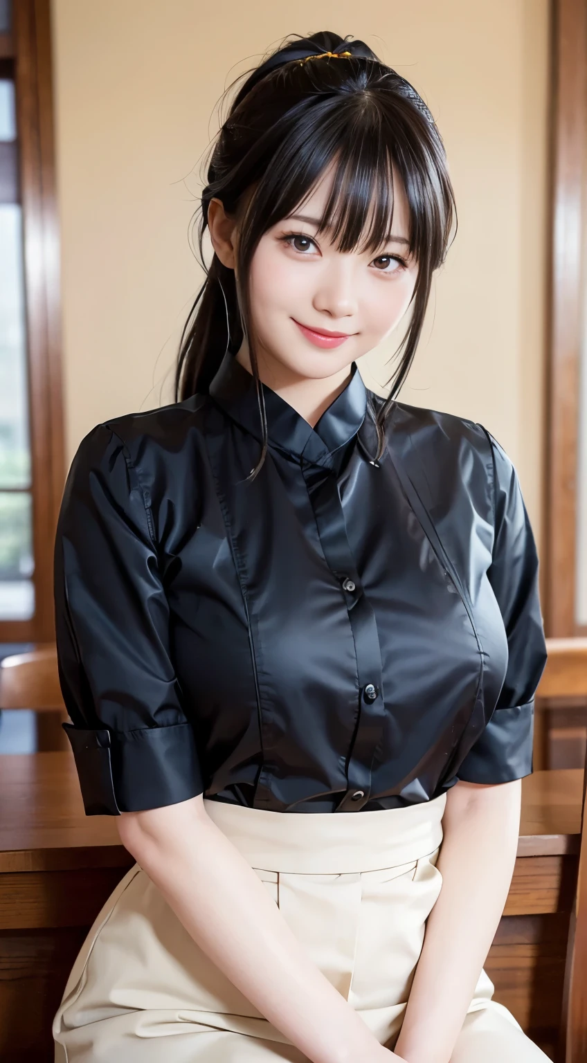 (highest quality,masterpiece:1.3,Ultra-high resolution,),(Very detailed,Caustics),(Photorealistic:1.4,RAW shooting,)Ultra-Realistic Capture,Very detailed,High resolution 16K human skin closeup。 Natural skin texture、,Pores、、、、It must be detailed enough to be easily identifiable。 Skin tone is even and healthy looking。 Use natural light and color,restaurant,Waitress Uniform,1 girl,Japanese,18-year-old,cute,Black-haired,ponytail,Big Breasts,smile,Turn your body forward,(Front view:1.1),Looking at the camera,Cowboy Shot,