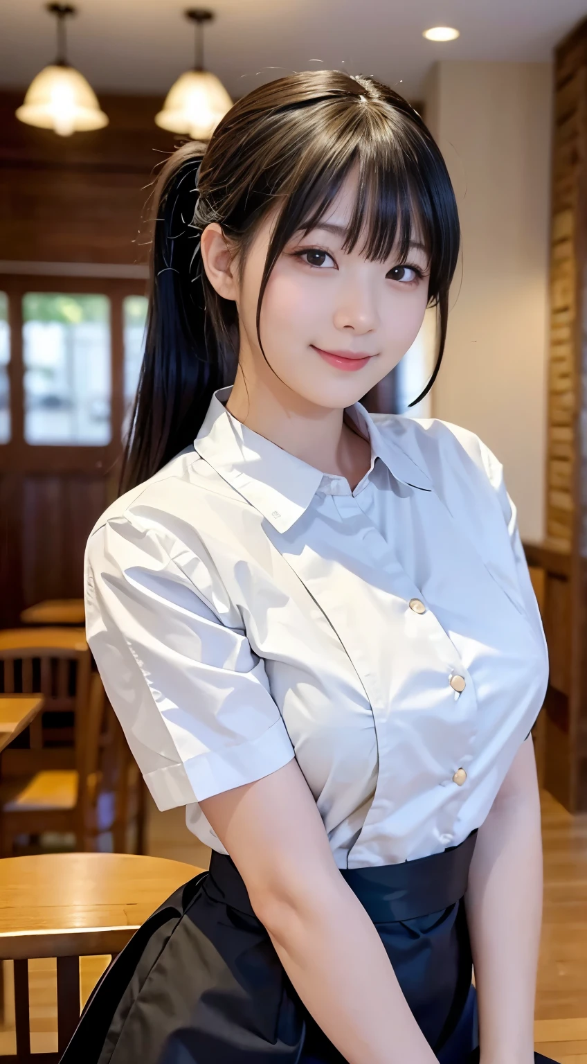 (highest quality,masterpiece:1.3,Ultra-high resolution,),(Very detailed,Caustics),(Photorealistic:1.4,RAW shooting,)Ultra-Realistic Capture,Very detailed,High resolution 16K human skin closeup。 Natural skin texture、,Pores、、、、It must be detailed enough to be easily identifiable。 Skin tone is even and healthy looking。 Use natural light and color,restaurant,Waitress Uniform,1 girl,Japanese,18-year-old,cute,Black-haired,ponytail,Big Breasts,smile,Turn your body forward,(Front view:1.1),Looking at the camera,Cowboy Shot,