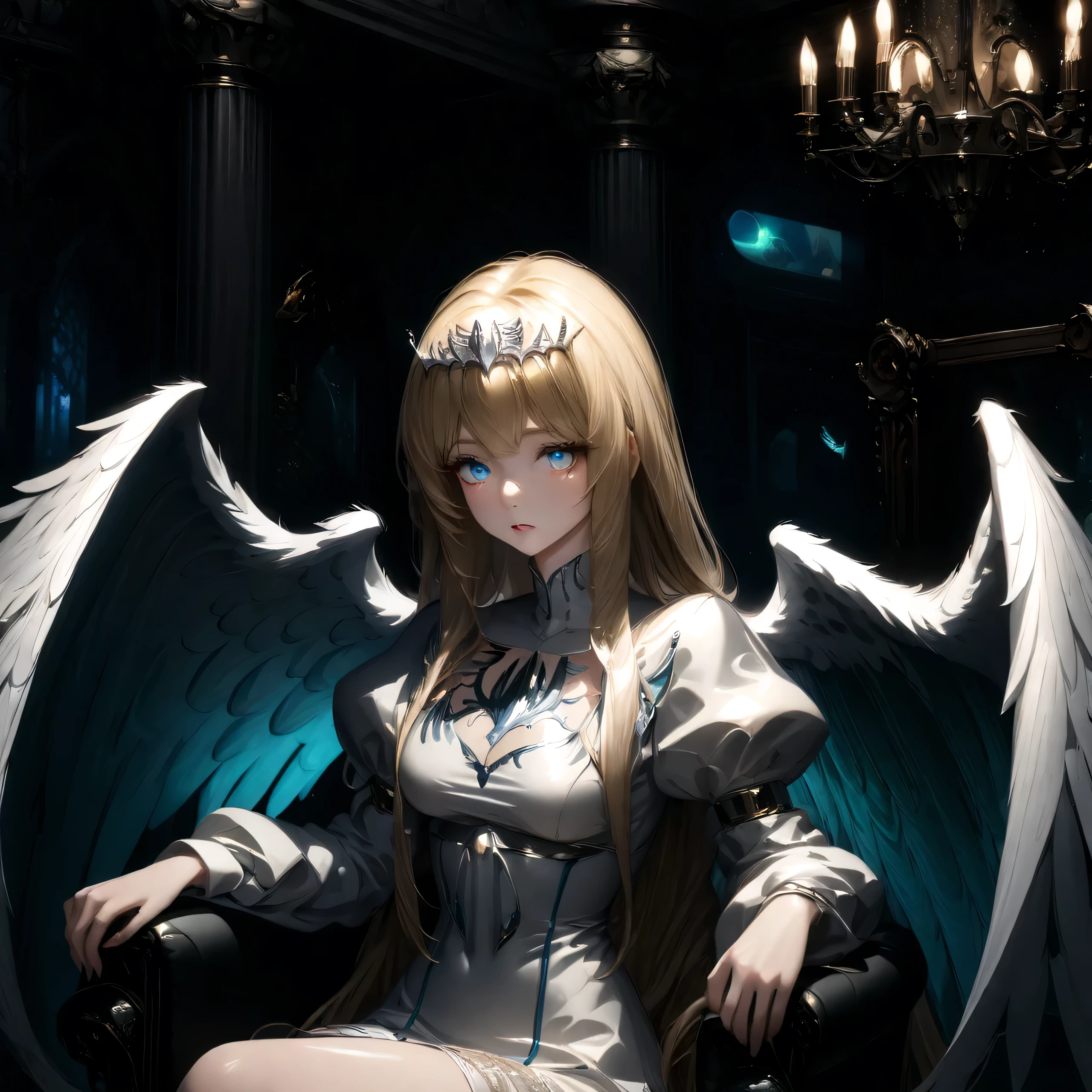 ,hyper-detailed render style, glow,yellow, blue,brush, surreal oil painting, shiny eyes, head closeup, exaggerated perspective, Tyndall effect,, holographic white, beautiful background, 1angel, solo, Calca, Calca Bessarez, blonde hair, extremely long hair, very long hair, white tiara, silver tiara, white dress, blue eyes, medium chest, very short neck, extremely short neck, (feature big wings:1.5), large white wings, indoor, sitting on the throne, victorian gothic style room, luxurious room