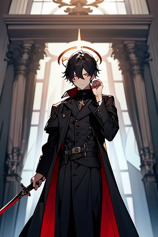 Medieval aristocracy, black long trench coat, young guy, black hair, hair partially covers eyes, Red eyes, full-length character, hand on the hilt of a sword, behind the head there is a split white halo
