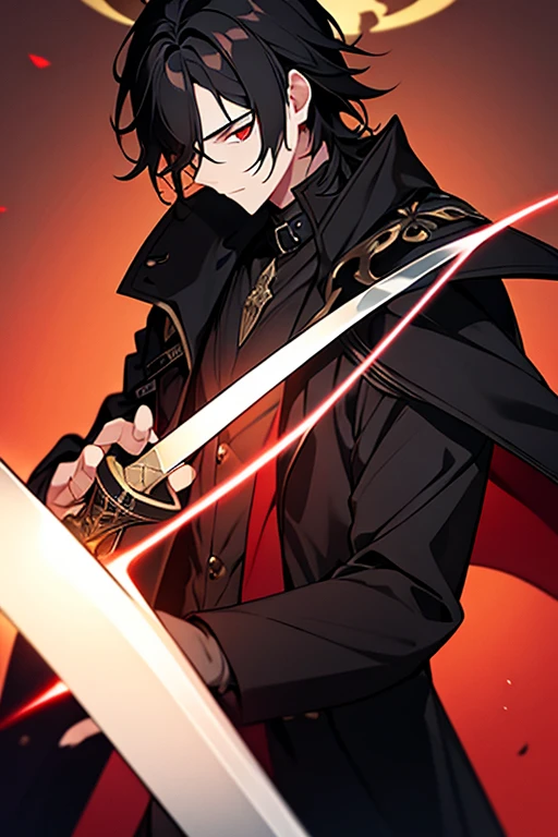 Medieval aristocracy, black long trench coat, young guy, black hair, hair partially covers eyes, Red eyes, full-length character, hand on the hilt of a sword, behind the head there is a split white halo