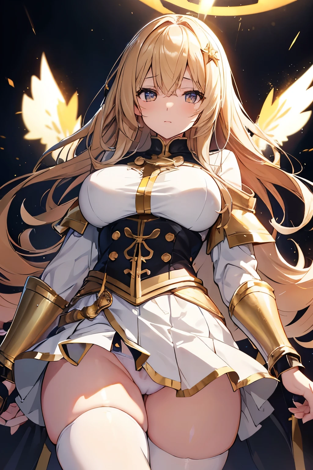 goldの騎士。crusader。An illustration。girl。gold。Big Breasts。Fantasy。Exposed。Light clothing。White skin。mini skirt。Big Breasts。Showing her panties。With legs apart。Fresnel。The hair is transparent with light。Thick thighs。Big Ass。Angle from below。Facing forward with legs apart。