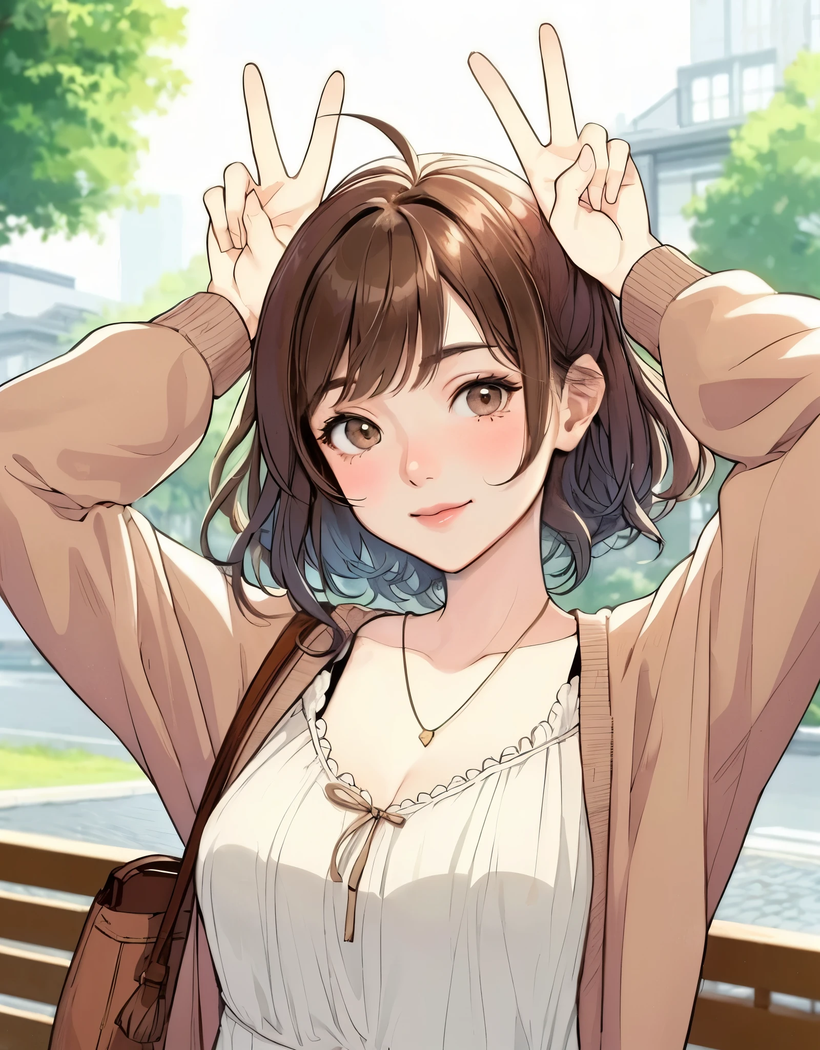 1lady solo, (placing hands above head), (gesture of rabbit ears), (peace sign), stylish outfit (calm attire), mature female, /(brown hair/) bangs, blush kind smile, (looking at viewers), (masterpiece best quality:1.2) delicate illustration ultra-detailed, large breasts, holding casual bag BREAK (ordinary urban park) outdoors, noon, trees