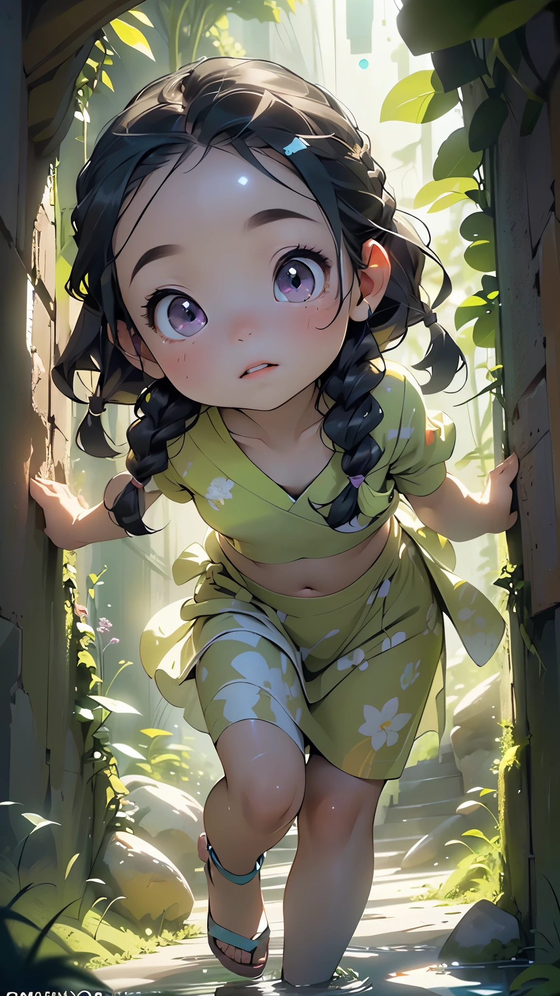 little  tribal,(((little ,small tiny body,,chibi,small))),(((6 ))),(((1 toddler:1))),(baby face),ce),(little chest),(big forhead:1.2),(beautiful big eyes:1.3),extremely detailed cute anime face,

(((flat chest))),((((long twin braids,tight braids,long braid,braided hair,long hime cut,dark hair,black hair,colored inner hair)))),(((purple_eyes:1.3))),intricate eyes,beautiful detailed eyes,symmetrical eyes,(big eyes:1.5),((((lustrous skin:1.5,tanned skin,bright skin: 1.5,skin tanned,shiny skin,very shiny skin,shiny body,Reflective skin)))),(((detailed face))),beautiful detailed lips,

(cute,kawaii,(nsfw)),🦄,🌈,

long loincloth,(navel),Shaman tribal clothes,thong tribal,(tribal clothes,style old Egypt),navel,barefoot,bare arms,exposed belly button,necklace,(tribal clothing),((red clothes,wet clothes,intricate outfit)),

dynamic pose,looking at viewer,embarrassed,centered,scale to fit dimensions,Rule of thirds,

((((many fireflies,fireflies,glowing fireflies,fireflies in the background)))),

outdoors,overgrown,(overgrown background,glowing crystals,bioluminescent plant),scenery,extremely scenery,(((glowing crystals,bioluminescent plants))),(puddles everywhere,moss,moss on the background),clouds,lily pads,palms,reeds,(sunset, golden hour),

(Glossy Egyptian ornaments),highres,sharp focus,(ultra detailed,extremely detailed),(photorealistic artwork:1.37),(extremely detailed CG unity 8k wallpaper),(((vibrant colors,vibrant theme))),(intricate),(masterpiece),(best quality),artistic photography,(photography taken by sldr),(intricate background),perfect rendered face,perfect face details,realistic face,photo realistic,((intricate detail)),(((realism))),
