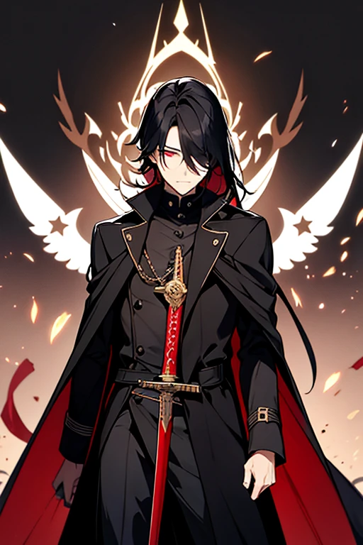 Medieval aristocracy, black long trench coat, young guy, black hair, hair partially covers eyes, Red eyes, full-length character,Sword in hand , behind the head there is a split white halo