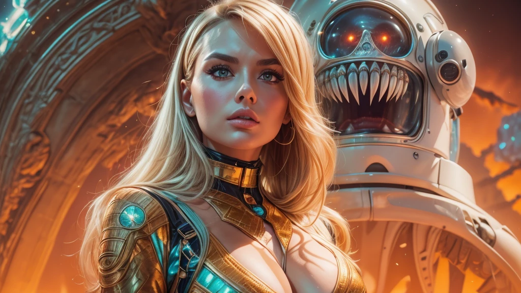 arafed image of a white woman in a futuristic suit with a spaceship in the background, movie art, in front of an orange background, inspired by Robert McGinnis, female protagonist, megastructure in the background, portrait of an ai astronaut, astronauts, an astronaut, portrait of a astronaut skeletor, perfect android girl, detailed eyes, perfectly detailed teeth, frank franzzeta and sakimichan  