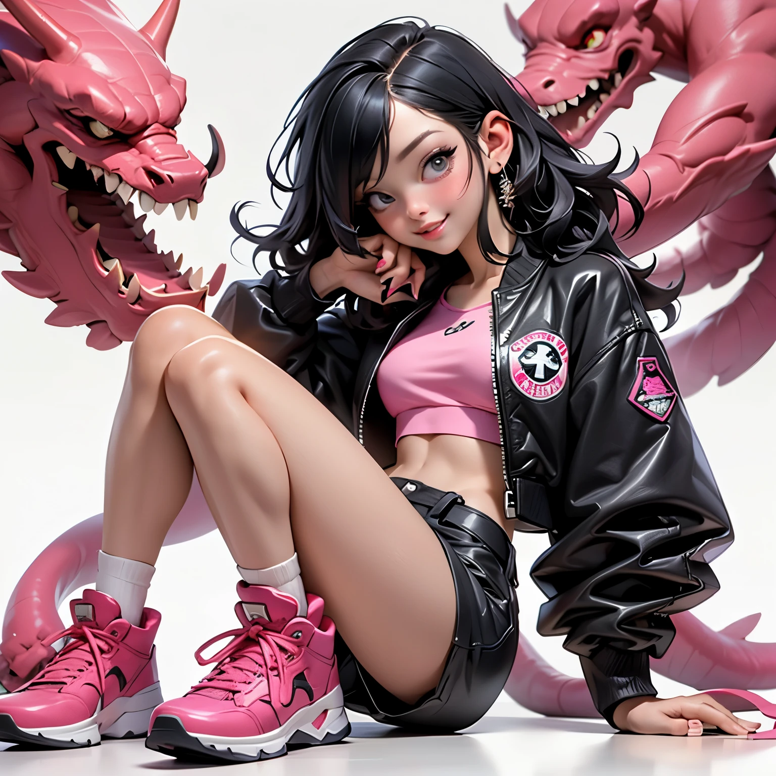 ((Best Quality, best resolution, award-winning portrait, official art)), ((perfect Masterpiece)), ((Realistic)) and ultra-detailed photography of a 1nerdy girl with goth and post apocalyptic colors. She has ((long whispy long Black-colored hair)), wears a (Pink Bomber Jacket with a white Tshirt and a Black Crop top) and a (Harajuku-inspired shorts:1.2) , ((the most beautiful and sexy aesthetic)), Holding a soda can, Show the whole body, Leaning back, Head tilt, winking, laughting, white background, Smiling. Knee high socks,  Dynamic pose Full Body