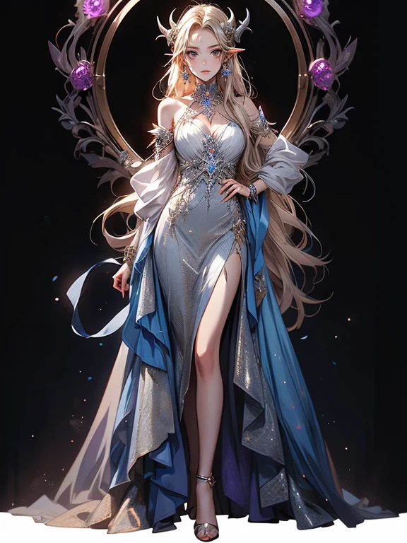(anime face) (complex clothing details) (best quality) (masterpiece) female adult elf with dark blonde hair wearing a beautiful glowing dress with demonic Accessoires and gemstones and silver armor details, wearing a beautiful glowing dress with demonic Accessoires and gemstones and black silver armor details, demon horns, purple armor, full body, wizard dress, elven dress