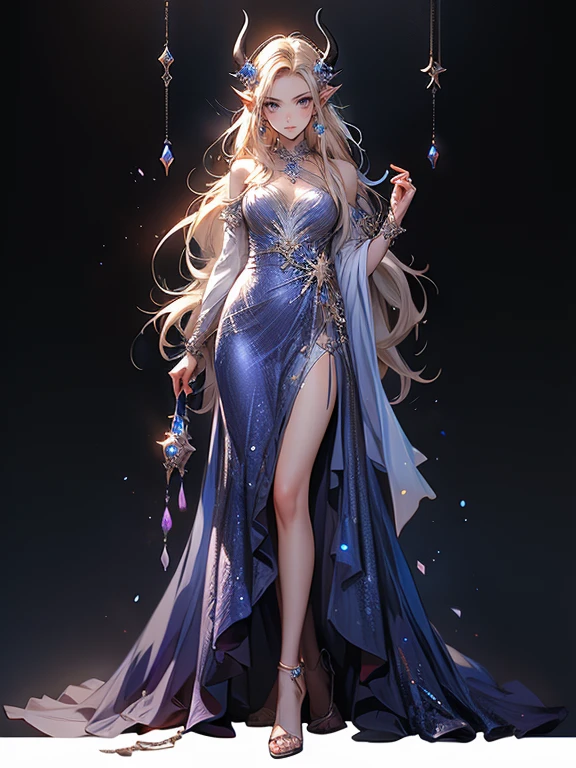 (anime face) (complex clothing details) (best quality) (masterpiece) female adult elf with dark blonde hair wearing a beautiful glowing dress with demonic Accessoires and gemstones and silver armor details, wearing a beautiful glowing dress with demonic Accessoires and gemstones and black silver armor details, demon horns, purple armor, full body, wizard dress, elven dress