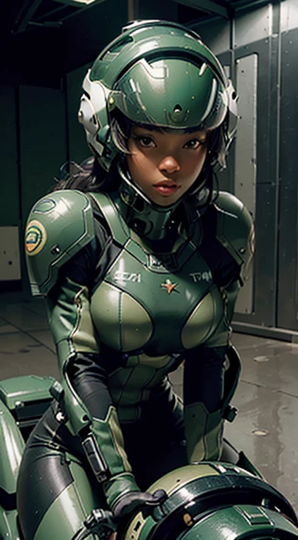 Highest image quality, outstanding details, ultra-high resolution, (realism: 1.4), the best illustration, favor details, highly condensed 1 African American girl, with a delicate and beautiful face, dressed in a black and green mecha, wearing a mecha helmet, holding a directional controller, riding on a motorcycle, the background is a high-tech lighting scene of the future city.