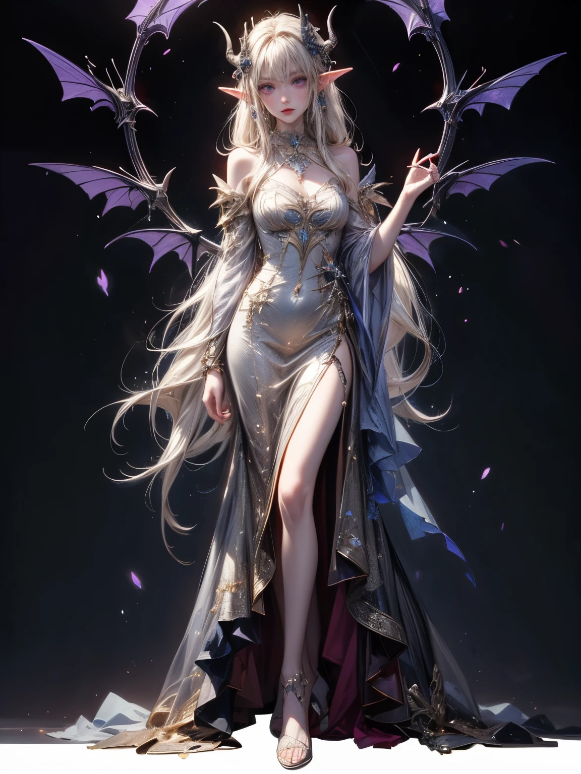 (anime face) (complex clothing details) (best quality) (masterpiece) female adult elf with dark blonde hair wearing a beautiful glowing dress with demonic Accessoires and gemstones and silver armor details, wearing a beautiful glowing dress with demonic Accessoires and gemstones and black silver armor details, demon horns, purple armor, full body, wizard dress, elven dress