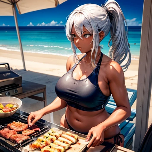 A woman with dark skin and silver hair in a ponytail wearing a swimsuit Belly button showing Beach House BBQ being grilled on a hot plate