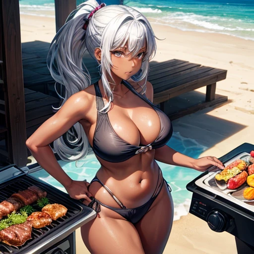 A woman with dark skin and silver hair in a ponytail wearing a swimsuit Belly button showing Beach House BBQ being grilled on a hot plate