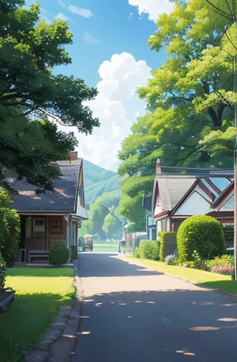 In photorealistic, painting style, Create a picturesque summer scene of a small, idyllic town in the 1950s. The town features charming houses with front porches and well-tended gardens, tree-lined streets with dappled sunlight filtering through the leaves, and a few vintage cars parked along the road. In the background, there are rolling hills covered in lush greenery, leading to a sparkling lake. The sky is a vibrant blue, dotted with fluffy white clouds. The overall atmosphere should be warm, welcoming, and nostalgic, capturing the essence of a perfect summer day in a bygone era.