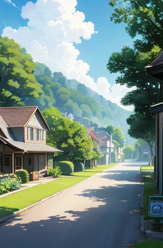 In photorealistic, painting style, Create a picturesque summer scene of a small, idyllic town in the 1950s. The town features charming houses with front porches and well-tended gardens, tree-lined streets with dappled sunlight filtering through the leaves, and a few vintage cars parked along the road. In the background, there are rolling hills covered in lush greenery, leading to a sparkling lake. The sky is a vibrant blue, dotted with fluffy white clouds. The overall atmosphere should be warm, welcoming, and nostalgic, capturing the essence of a perfect summer day in a bygone era.