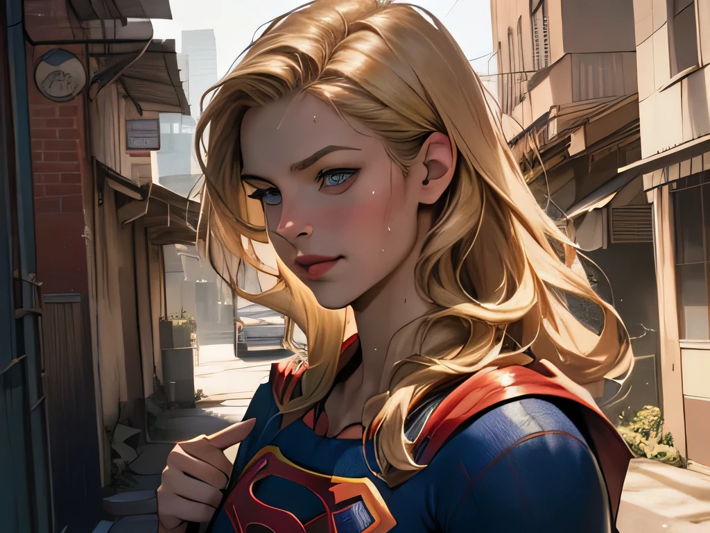 (masterpiece:1.3), (8k, Realistic, RAW Photos, highest quality: 1.4), Absurd, Charm, Ultra-high resolution, Ultra-realistic, Very detailed, Golden Ratio, (Realistic), (Best Shadow), Low contrast, (Complex:1.4), Side lighting, 8K, Beautiful Face, (Realistic Face), Beautiful hairstyle, Realistic eyes, Beautiful fine details, (Realistic Skin), Beautiful Skin, (One girl), ((Melissa Benoist)), ((SUPER GIRL)), (Accurate hand and finger depiction), Supergirl Women, (Blonde, Long Hair:1.4), ((Red cloak)), BREAK ((Facing forward)), (Sweat), BREAK ((A deserted back alley in the city)), ((New York cityscape)), ((Red brick building)), (Front view), ((Close-up of face))