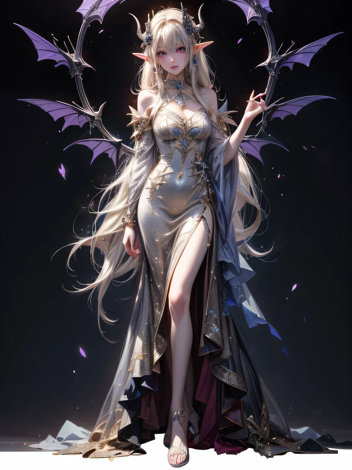 (anime face) (complex clothing details) (best quality) (masterpiece) female adult elf with dark blonde hair wearing a beautiful glowing dress with demonic Accessoires and gemstones and silver armor details, wearing a beautiful glowing dress with demonic Accessoires and gemstones and black silver armor details, demon horns, purple armor, full body, wizard dress, elven dress