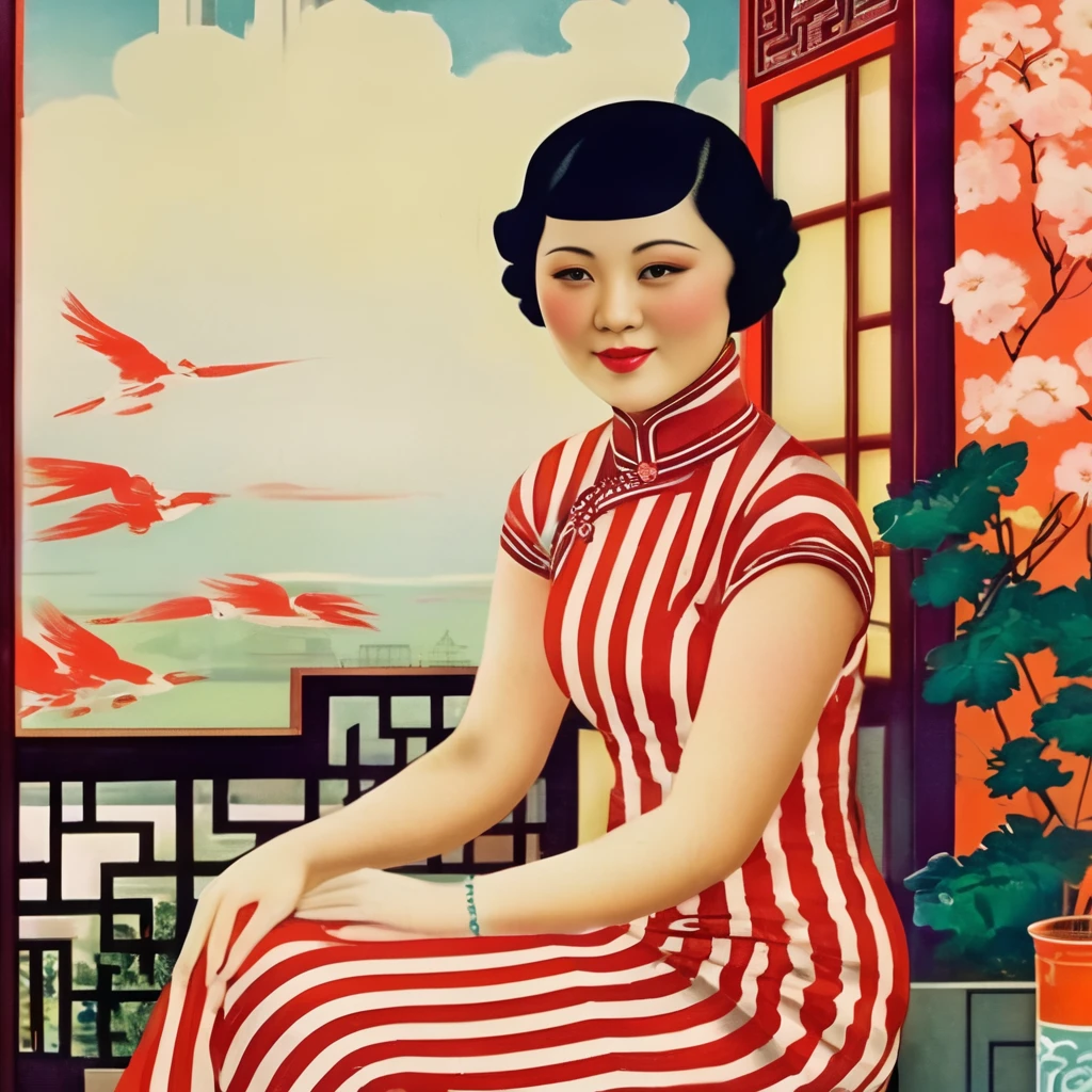 chubby thick curvy adult korean chinese asian woman, short black hair, asymmetric pixie cut, white stripe, thick eyebrows, retro, 1920s, red, communist, masterpiece,best quality,1 Girl,wearing cheongsam，Holding flowers, phonograph, Sitting by the window，Retro old Shanghai style，chp1920s,Bangs, sitting, Chair, chp1920s,Looking at the audience,(Beautiful and delicate face), (Beautiful and delicate eyes),