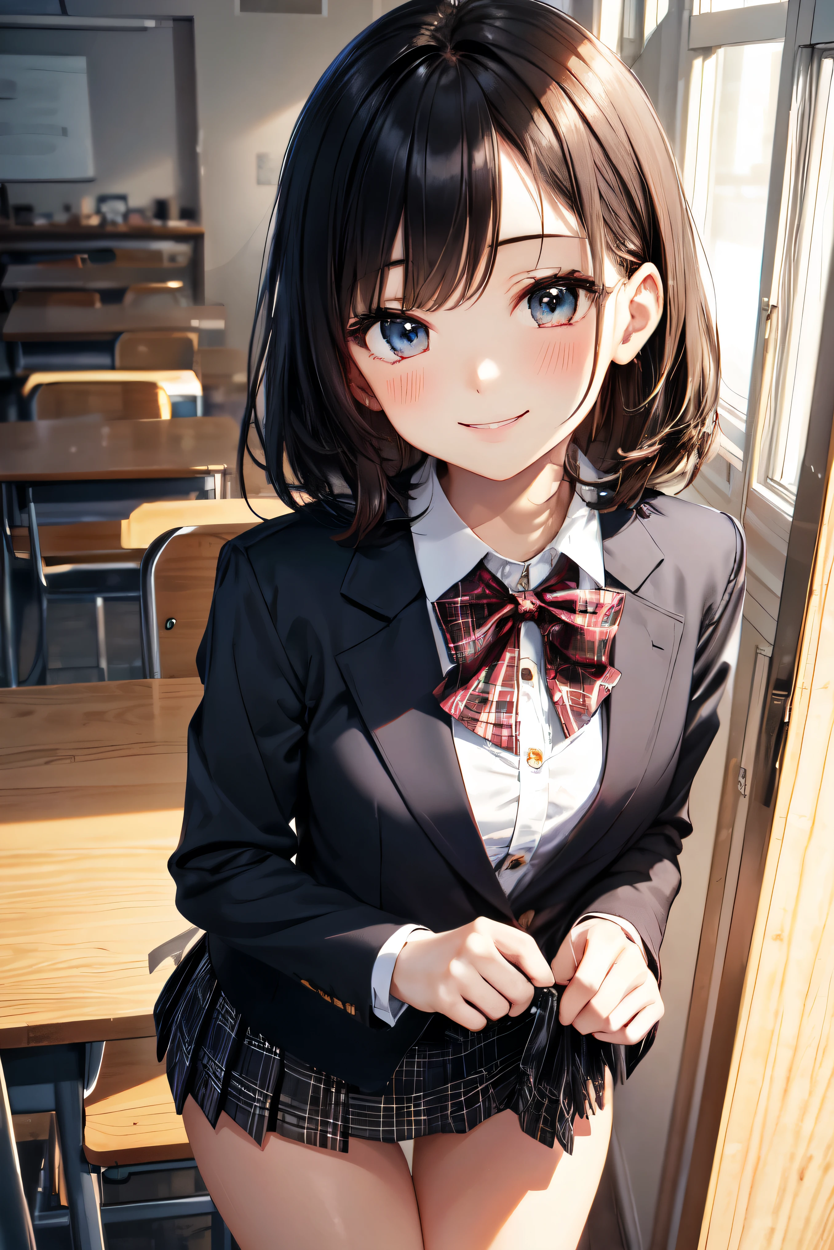 extremely cute and beautiful girl,(very detailed beautiful face and eyes),blue jacket uniform,cute ribbon,(check pleated miniskirt), standing,(skirt lift,white panties),(smile),blush,I look at the viewer,black hair,Medium hair,wooden class, (Best quality,masterpiece:1.0),absurdity,a high resolution,ultra detailed,extremely detailed,32K,Resolution 8K, complex parts,Cinematic scene,detailed background,One,dynamic angle,Perfect hands,